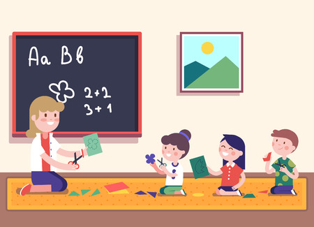 Kindergarten teacher teaching math to her small pupils. Kids learning mathematics. Smiling characters. Modern flat vector illustration clipart.のイラスト素材
