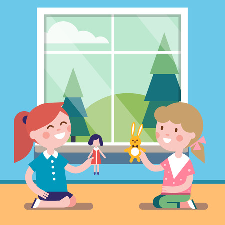 Two friends playing with toy dolls together at the big window. Happy girls characters. Modern flat vector illustration clipart.のイラスト素材