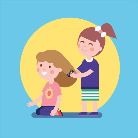 Girls playing hair salon game. Kids brushing hair with a comb. Modern flat vector illustration clipart.のイラスト素材