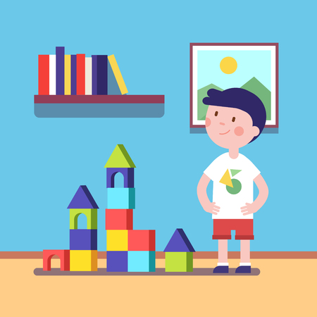 Boy build a castle with wooden blocks building game. Proud kid character. Modern flat vector illustration clipart.のイラスト素材
