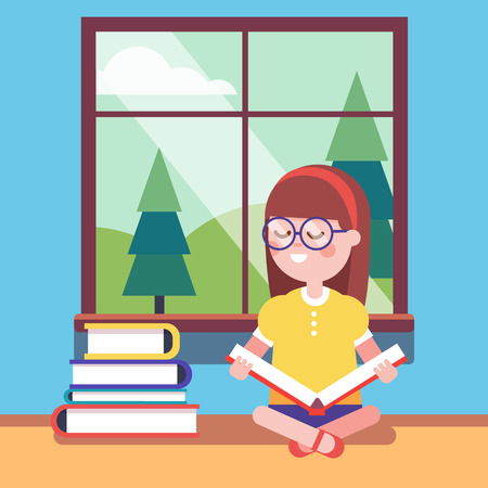 Smart girl in glasses reading a big book at the window. Smiling kid character. Modern flat vector illustration clipart.のイラスト素材