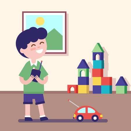 Boy playing with rc car with remote control in hands. Modern flat vector illustration clipart.のイラスト素材