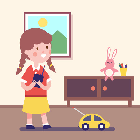Girl playing with rc car with remote control in hands. Modern flat vector illustration clipart.のイラスト素材