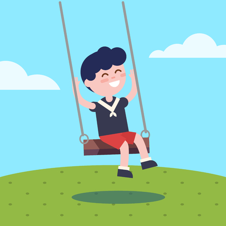 Boy swinging on a rope swing. Modern flat vector illustration clipart.のイラスト素材
