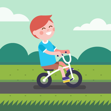 Little boy kid riding bicycle a outdoors on a park bike path. Cartoon character clipart. Modern flat style illustration.のイラスト素材
