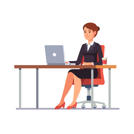 Business woman lady entrepreneur in a suit working on a laptop computer at her clean and sleek office desk. Flat style color modern vector illustration.のイラスト素材
