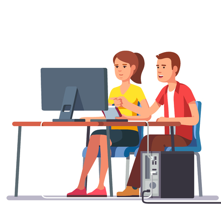Business man and woman working together sitting at one desk with desktop computer big monitor. Flat style color modern vector illustration.のイラスト素材
