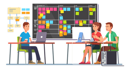 Team working together on a big IT startup business. Programming and planning. Scrum task board hanging in a team room full of tasks on sticky note cards. Flat style color modern vector illustration.