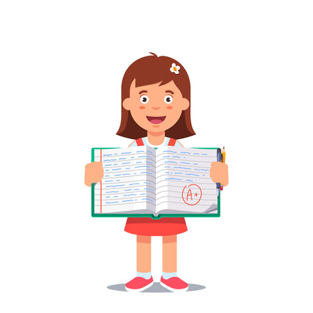 Cute little girl holding an open school work book with handwriting. Flat style color modern vector illustration.のイラスト素材
