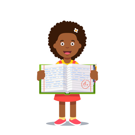 Cute little girl holding an open work book with handwriting and A grade. Flat style color modern vector illustration.のイラスト素材
