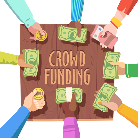 Crowd funding concept. Different people giving cash and coins money on a crowd funded project. Flat style vector illustration clipart.のイラスト素材