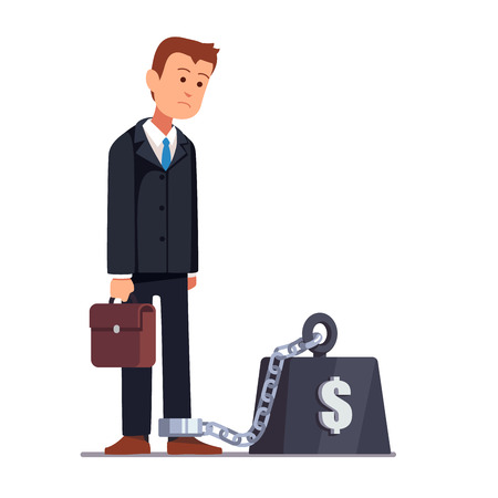 Business man chained to his big heavy debt weight with shackles. Businessman corporate slavery concept. Flat style vector illustration clipart.のイラスト素材
