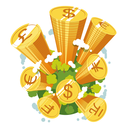 Earth globe with coins stacks growing through the sky like money skyscrapers. World reserve currencies concept. Flat style vector illustration clipart.のイラスト素材
