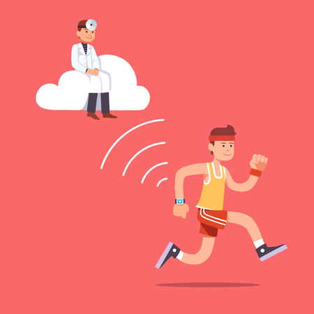 Man running jogging with a wrist smartwatch. Doctor hovering near on a computer cloud collecting essential patient health data to provide health care. Flat style vector illustration clipart.のイラスト素材