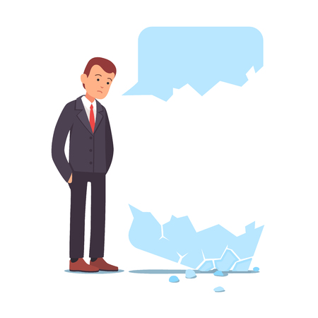 Businessman failed communication doing cold sale. Broken speech chat message bubble fall apart. Unsuccessful messaging concept. Flat style vector illustration clipart.のイラスト素材