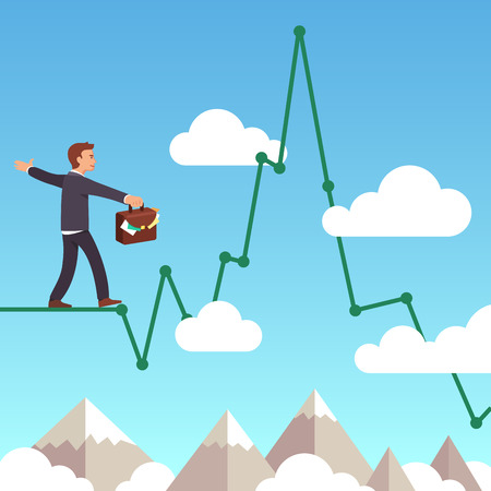 Business man balancing on a line graph rope above mountains and clouds in the sky. Risk management concept. Flat style vector illustration clipart.のイラスト素材