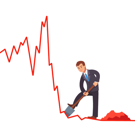 Businessman broker trying to gain short profits on falling market. Digging cash with shovel on declining market shares on line graph. Market crisis concept. Flat style vector illustration clipart.のイラスト素材