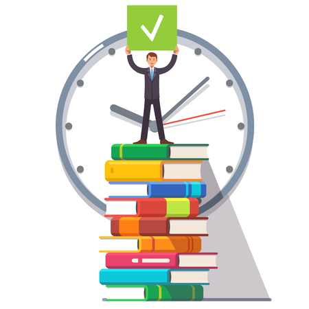 Business man standing on a huge tower stack of books and holding job done check sign in hands above his head. Flat style vector illustration clipart.のイラスト素材