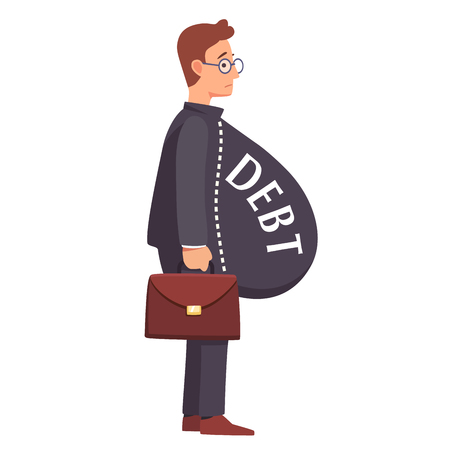 Skinny male business man with fat debt burden paunch. Fake wealth and prosperity overloaded with loans and credit debt concept. Flat style vector illustration clipart.のイラスト素材