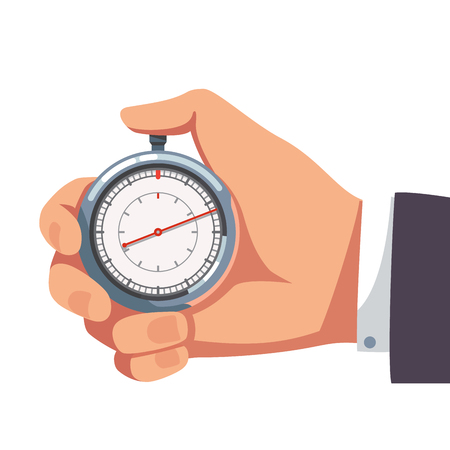 Businessman hand holding thumb finger on chrome stopwatch with seconds arrow. Flat style vector illustration clipart.のイラスト素材