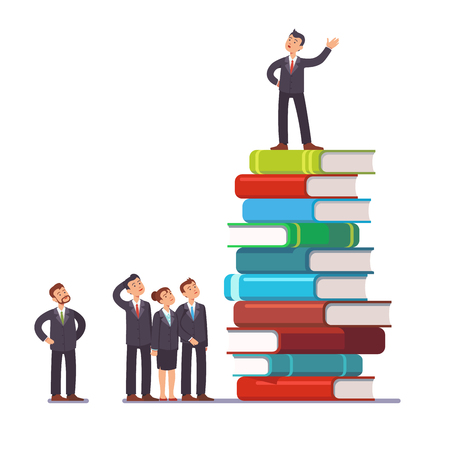 Business visionary leader and mentor speaking to group of businessman people. Standing on top of big heap of books and knowledge. Flat style vector illustration clipart.のイラスト素材