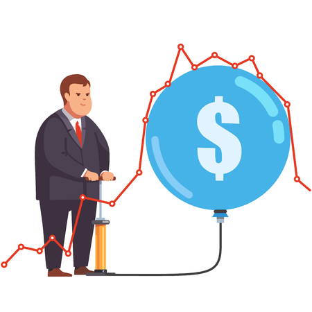 Big fat and greedy corporation business man pumping up a stock market bubble under a line chart graph. Market manipulation and fraud concept. Flat style vector illustration clipart.のイラスト素材