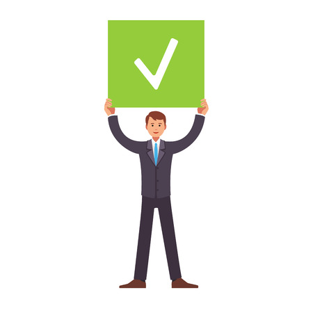 Business man standing and holding job done check sign in hands above his head. Flat style vector illustration clipart.のイラスト素材