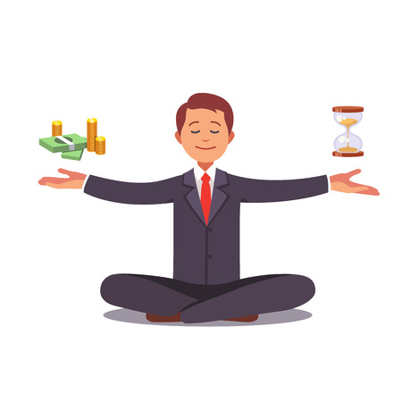 Businessman found his balance with time and money. Business man sitting and mindful meditating in lotus asana in zen peace and mental calmness. Flat style vector illustration clipart.のイラスト素材