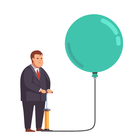 Big fat business man inflating huge balloon with hand pump. Flat style vector illustration clipart.のイラスト素材