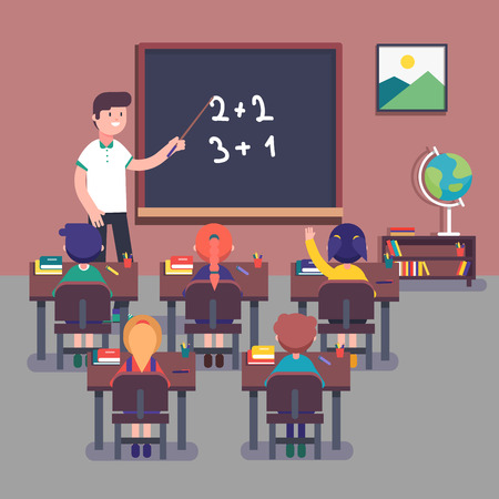 Kindergarten teacher teaching math to his small pupils. Kids learning mathematics. Smiling characters. Modern flat style color vector illustration.のイラスト素材