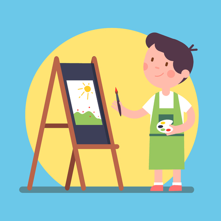 Smiling kid artist painting a piece of art on a canvas. Standing near easel and holding palette and brush. Color paint lesson. Modern flat style vector illustration cartoon clipart.のイラスト素材