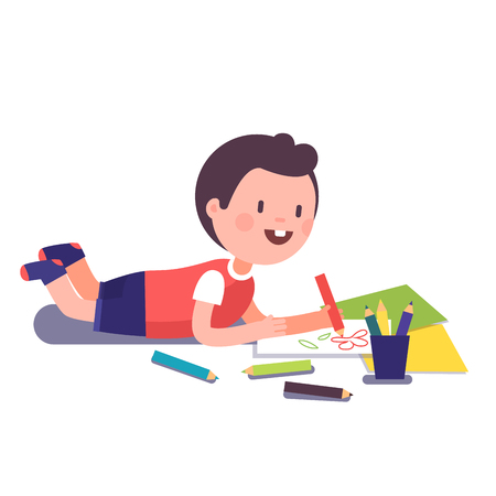 Happy smiling kid painting and coloring with his crayons lying on a floor. Modern flat style vector illustration cartoon clipart.のイラスト素材