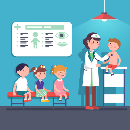 Pediatrician doctor woman doing medical examination of kids. Listening to kid heart rate with stethoscope. Modern flat style vector illustration cartoon clipart.のイラスト素材