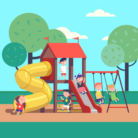 Group of kids playing game on a town public park playground with swings, slides, tube and house. Happy childhood. Modern flat style vector illustration cartoon clipart.のイラスト素材