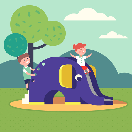 Kids, boy and girl playing on an elephant shaped slide playground. Outdoor public park. Modern flat style vector illustration cartoon clipart.のイラスト素材