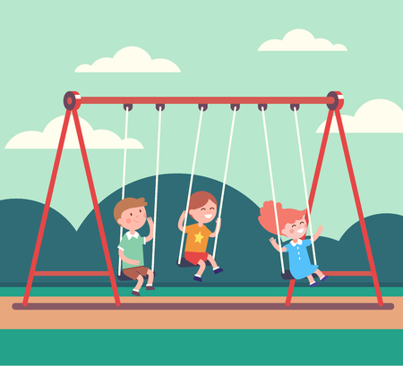 Three kids boys and girl swinging on a swing in public park together. Modern flat style vector illustration cartoon clipart.のイラスト素材