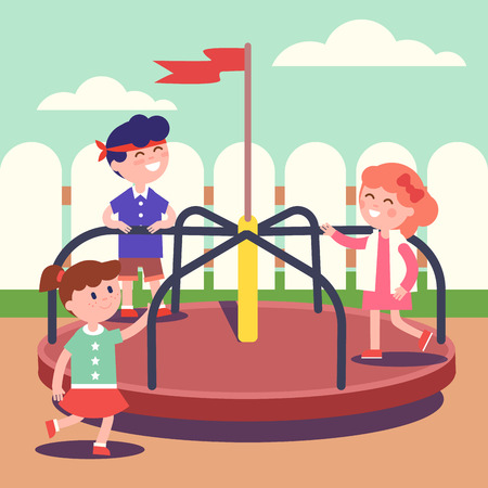 Group of kids playing game on rotating roundabout carousel at the playground. Childhood happiness and smiling faces. Modern flat style vector illustration cartoon clipart.のイラスト素材