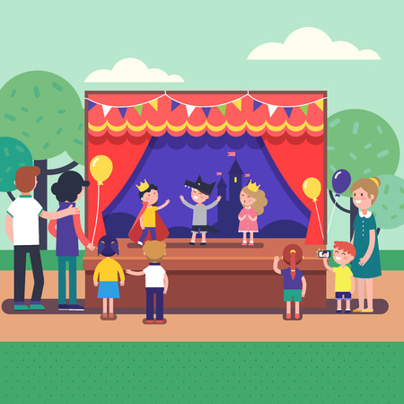 Kids theater performance show on scene with red curtains and fairy tale castle scenery. Public park theater festival for a group of people. Modern flat style vector illustration cartoon clipart.のイラスト素材