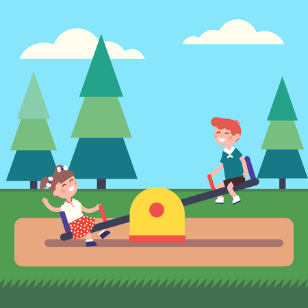 Boy and girl kids swinging on seesaw at the public park playground. Modern flat style vector illustration cartoon clipart.のイラスト素材