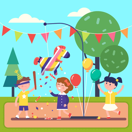 Kids celebrating Posada by breaking a traditional donkey shaped Pinata. Modern flat style vector illustration cartoon clipart.のイラスト素材