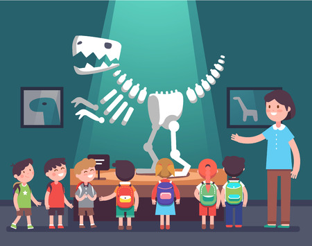 Group of kids watching tyrannosaurus dinosaur skeleton at archeology museum excursion with a teacher. School or kindergarten students on filed trip. Modern flat style vector illustration cartoon.のイラスト素材