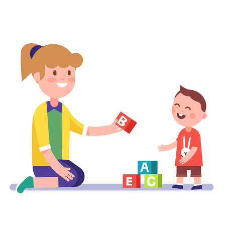 Mother or kindergarten teacher teaching a child alphabet with letter wooden bricks blocks. Modern flat style vector illustration cartoon clipart.のイラスト素材