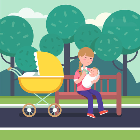 Mother holding swaddled baby in her loving hands and feeding him with bottle milk formula. Sitting on a park bench with stroller. Modern flat style vector illustration cartoon clipart.のイラスト素材