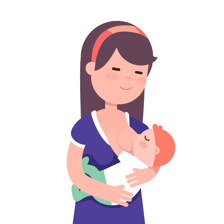 Beautiful mother breastfeeding her baby child holding him in her caring hands. Modern flat style vector illustration cartoon clipart.のイラスト素材