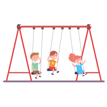 Three kids boys and girl swinging on a swing together. Modern flat style vector illustration cartoon clipart.のイラスト素材