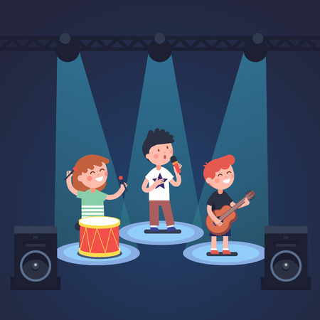 Kids music band playing and rocking at spot light lit stage festival. Glowing young stars. Modern flat style vector illustration cartoon clipart.のイラスト素材