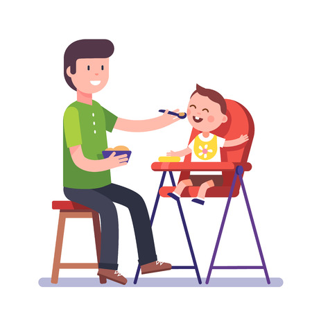 Father feeding his baby son sitting on kids eating chair. Holding hands with spoon going to mouth. Modern flat style vector illustration cartoon clipart.のイラスト素材