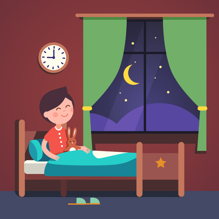Boy kid preparing to sleep bedtime in his bedroom bed. Good night time. Modern flat style vector illustration cartoon clipart.のイラスト素材