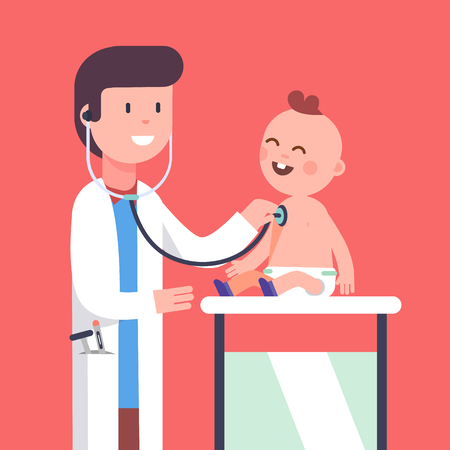 Pediatrician doctor examining little baby boy doing his health checkup. Listening to his heart beat and lungs with stethoscope. Modern flat style vector illustration cartoon clipart.のイラスト素材