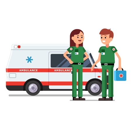 Two paramedics rescue team workers standing in front of ambulance car. Doctor holding first aid kit bag in hand. Flat style vector illustration. Isolated characters on white background.のイラスト素材